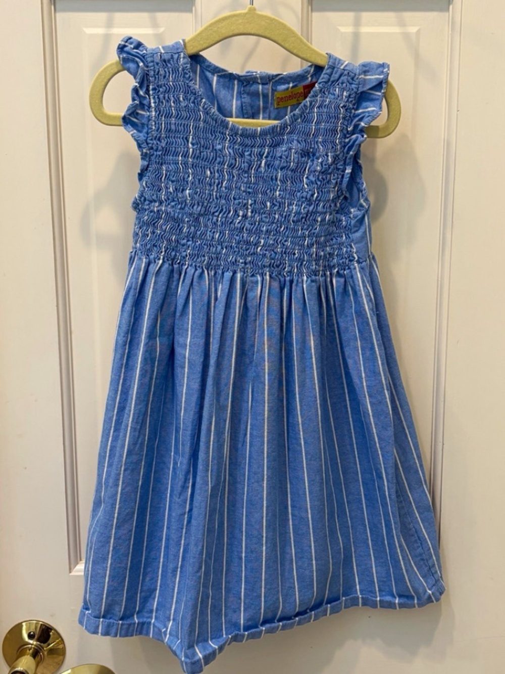 Penelope Mack Girls 4T Blue/White Striped Sundress Smocked Ruffle Button